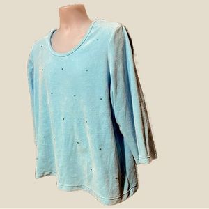 Women’s Quackery Factory Top Size Large Aqua Blue Velvet Cotton Poly Sequins